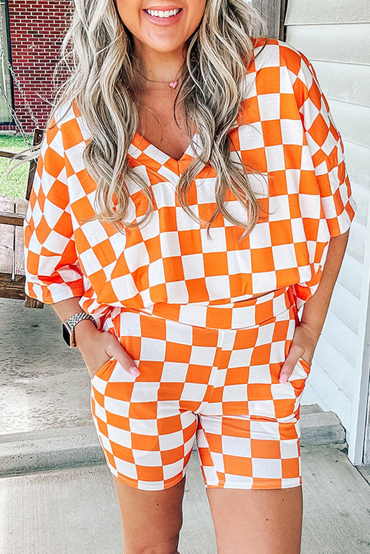 Orange Checkered Print V Neck Pocketed Pajama Set