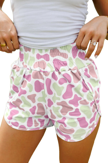 Multicolour Camouflage Print Shirred High Waist Athleisure Shorts