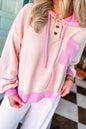 Pink Ribbed Knit Patchwork Quarter Button Plus Hoodie