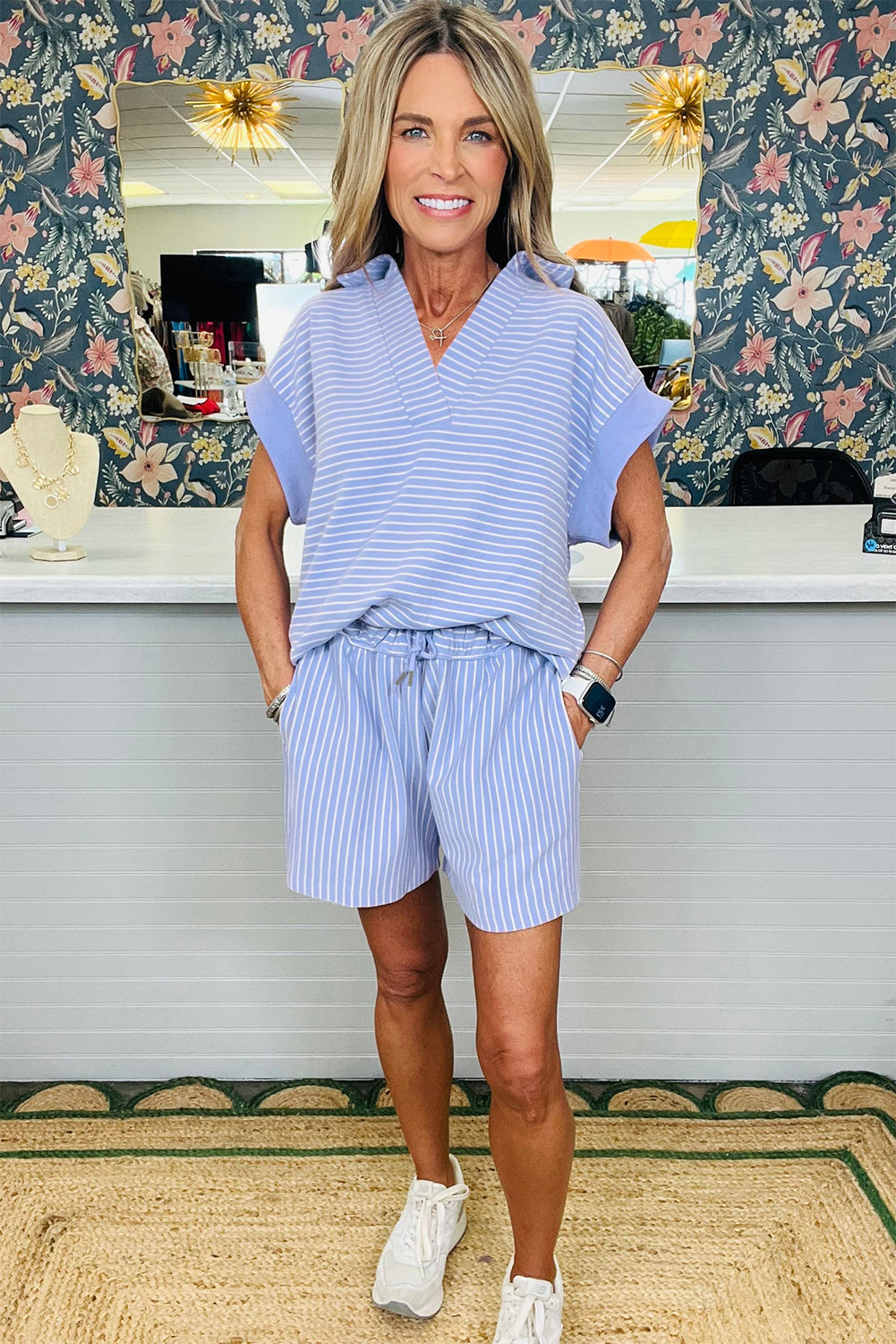 Purple Stripe Dolman Sleeve Polo Shirt and Drawstring Shorts Set