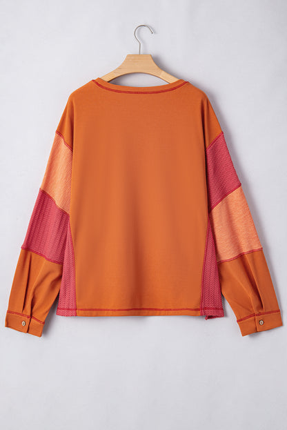 Orange Waffle Patchwork Chest Pocket Plus Size Top