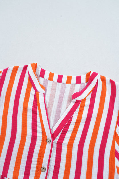 Orange Stripe Balloon Sleeve Notched V Neck Blouse