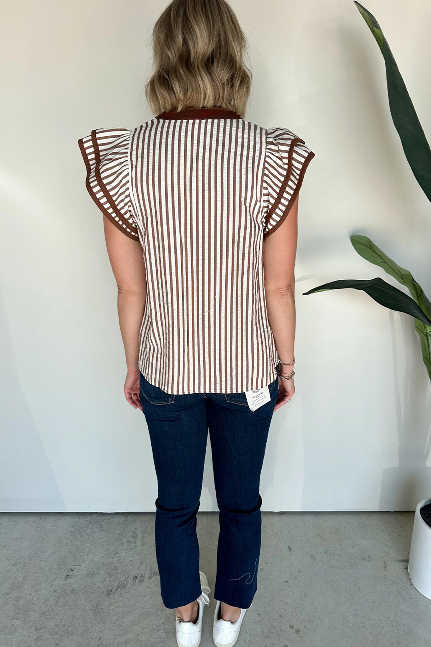 Black Stripe Double Ruffled Short Sleeve V Neck Blouse