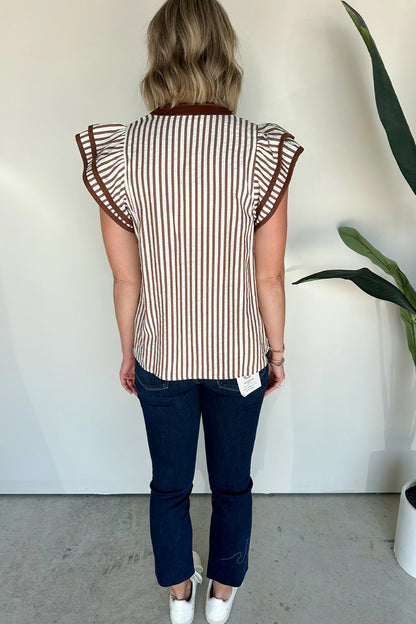 Black Stripe Double Ruffled Short Sleeve V Neck Blouse