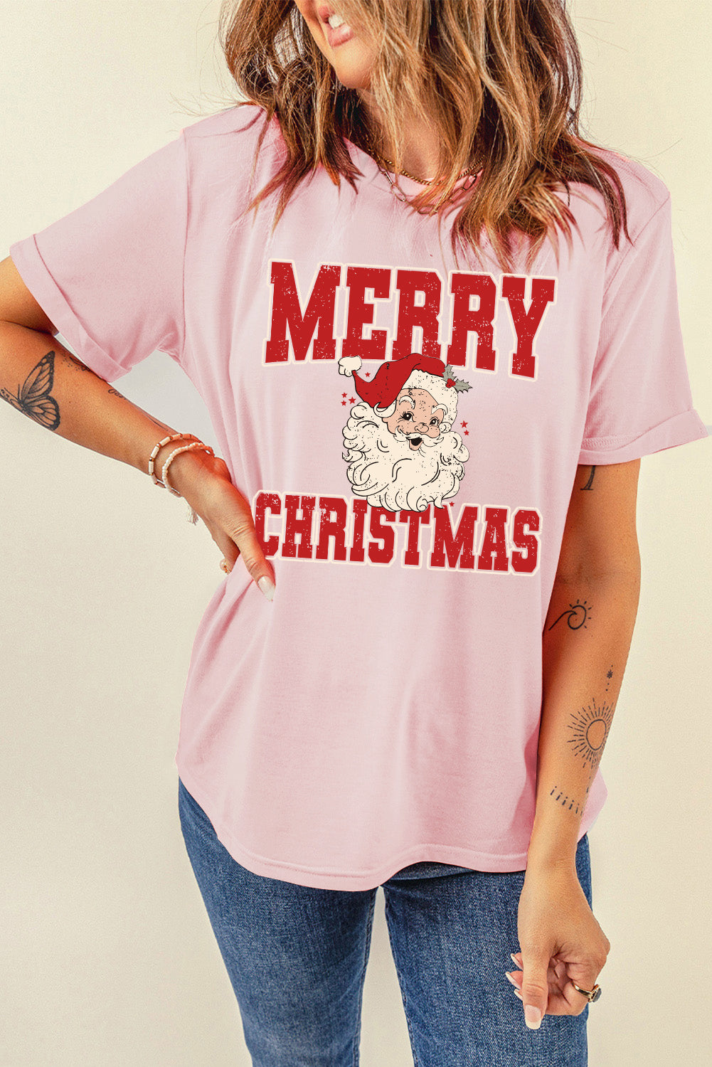 Pink MERRY CHRISTMAS Santa Claus Printed Round Neck T Shirt