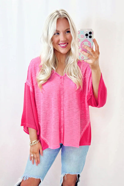 Sachet Pink V-Neck Exposed Seam Patchwork Top