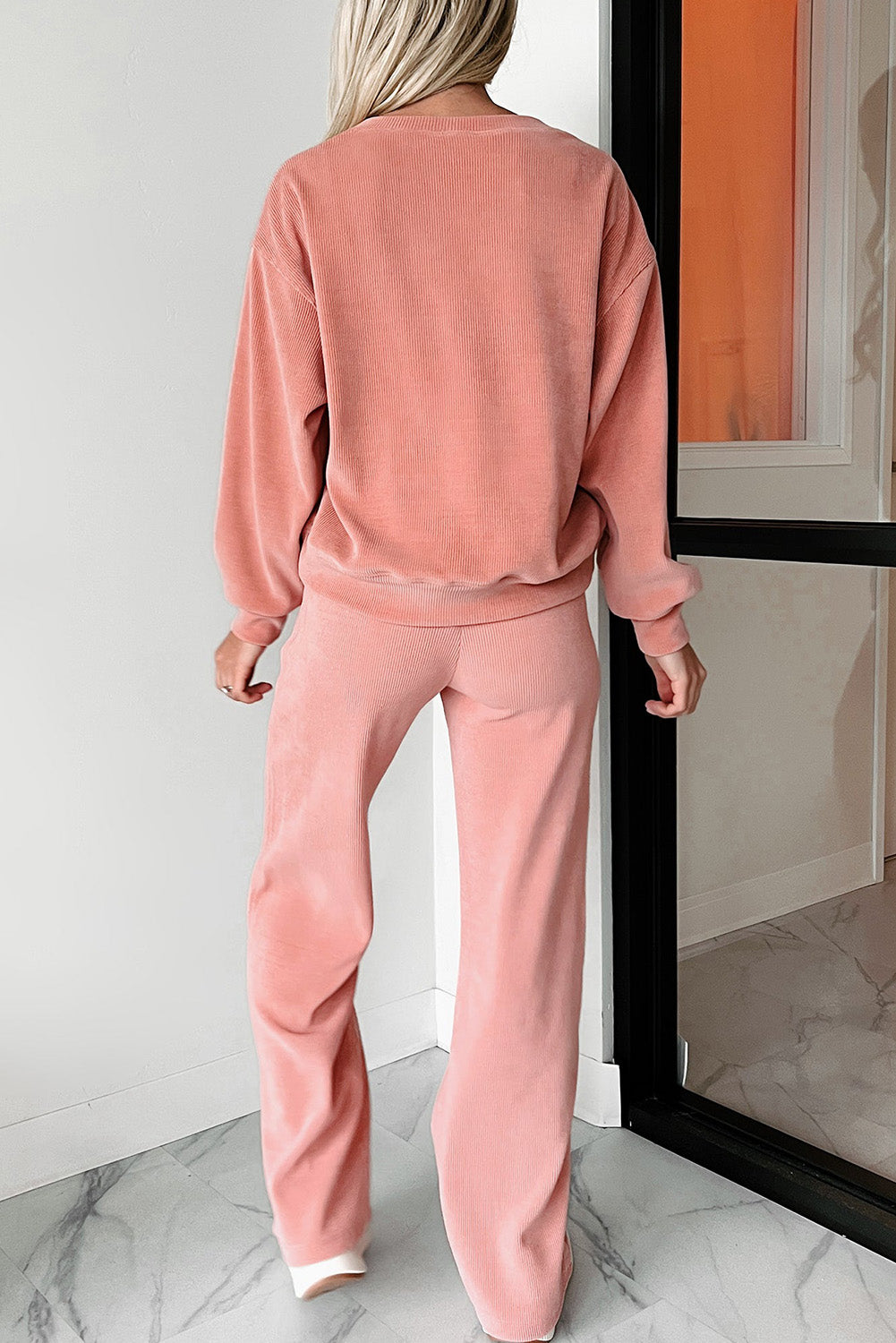 Blossom Ribbed Drop Shoulder Sweatshirt Pocketed Pants Set