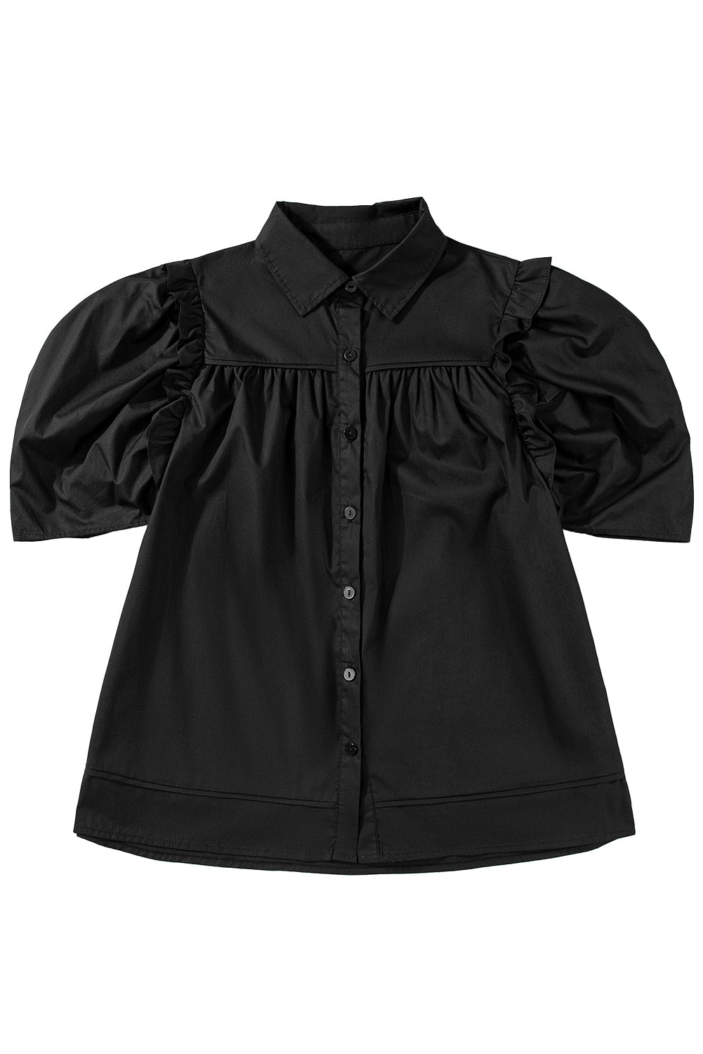 Black Ruched Puff Sleeve Loose Buttoned Up Blouse