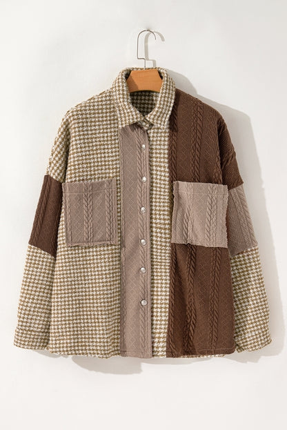 Khaki Houndstooth Textured Patchwork Loose Shacket