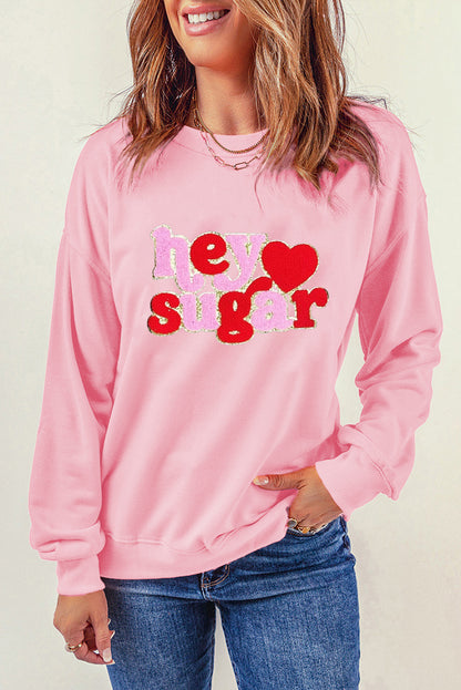 Black Chenille Heart hey sugar Patched Pattern Valentines Pullover Sweatshirt