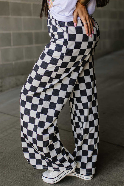 Black Checkered Print High Waist Wide Leg Pants