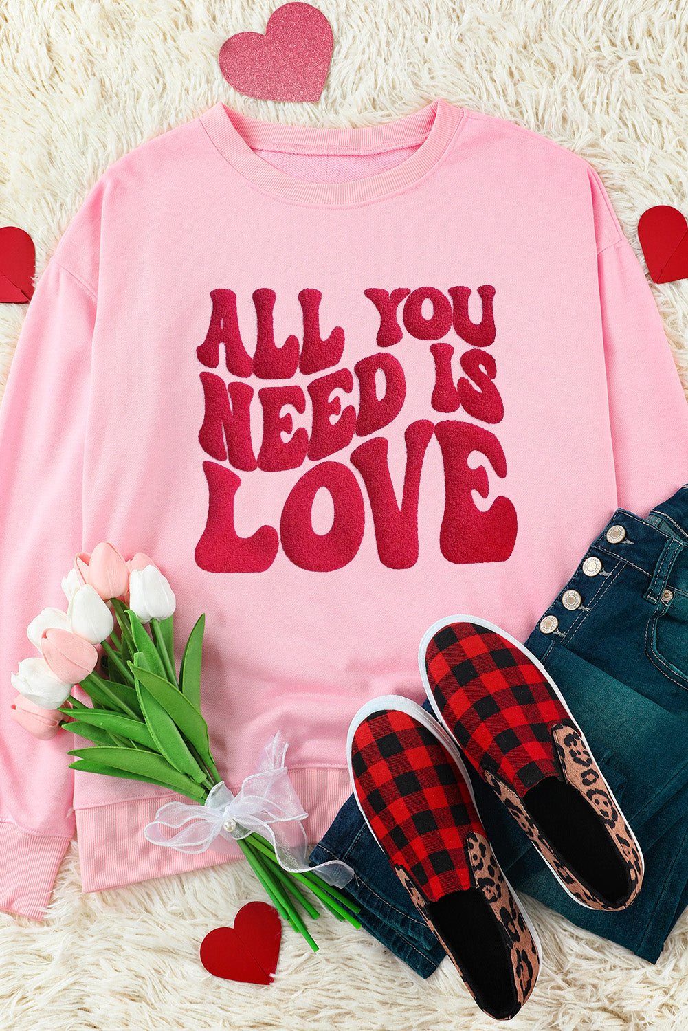 Pink ALL YOU NEED IS LOVE Valentines Slogan Printed Sweatshirt