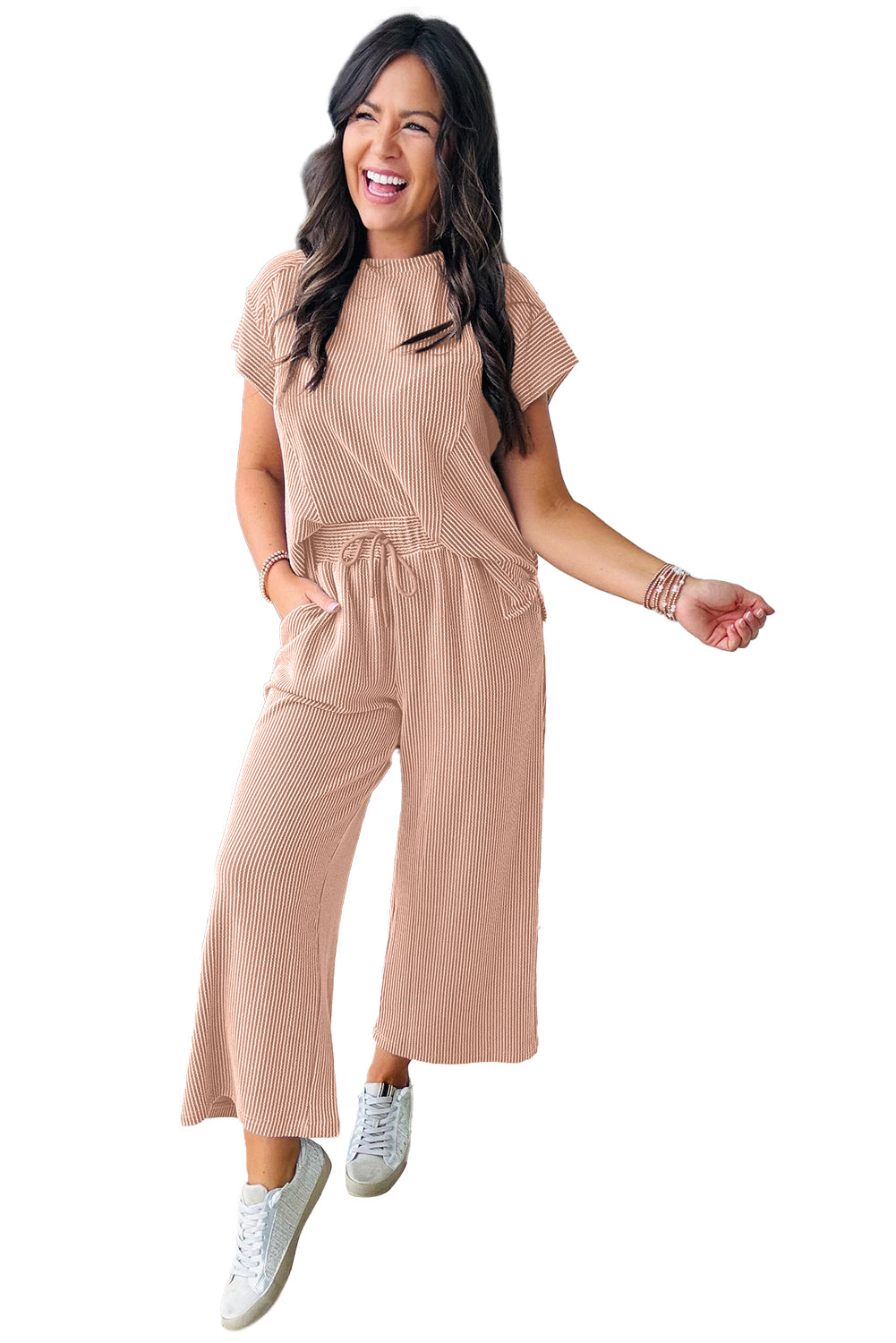 Solid Corded Short Sleeve T Shirt And Wide Leg Pants Set