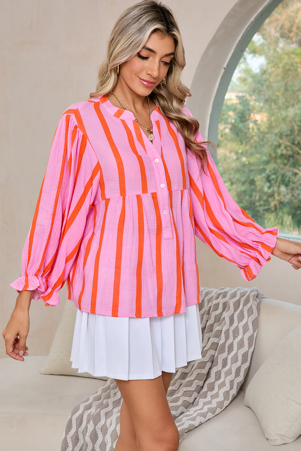 Orange Stripe Crinkle Ruffle Sleeve Loose Top