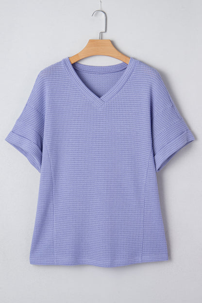 Clearly Aqua Waffle V Neck Short Sleeve Knit Top