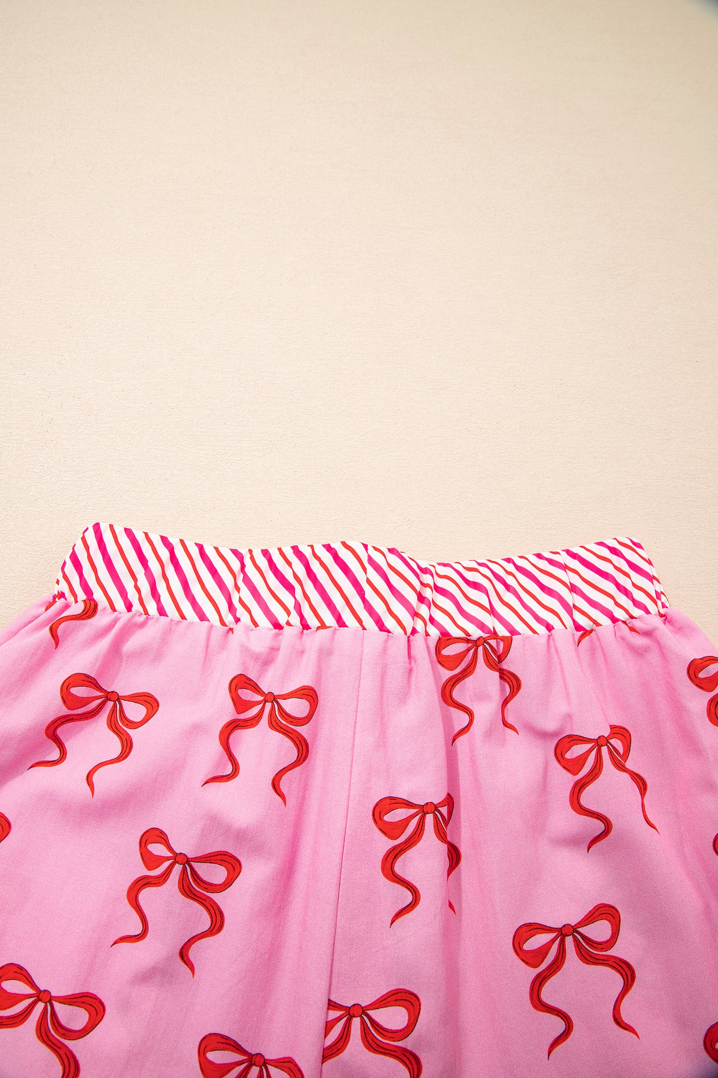 Pink Bow Print Striped Patchwork Elastic Waist Lace Trim Loose Shorts