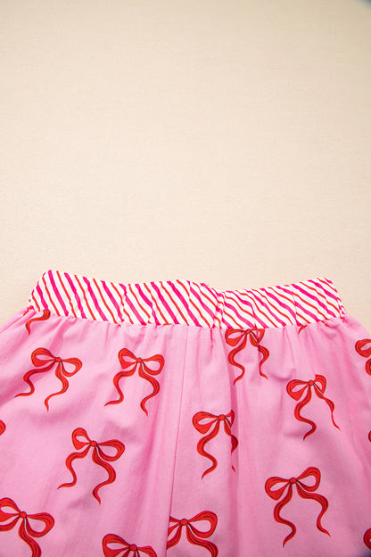 Pink Bow Print Striped Patchwork Elastic Waist Lace Trim Loose Shorts