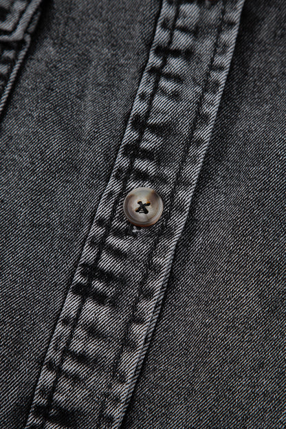 Black Flap Pocket Button Up Raw Hem Short Sleeve Denim Shirt