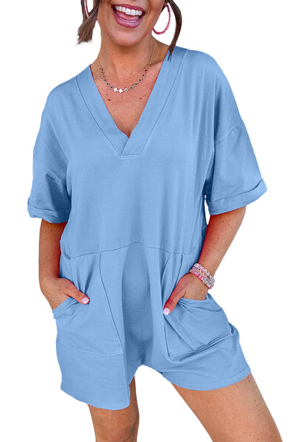Myosotis Loose Half Sleeve V Neck Plain Romper