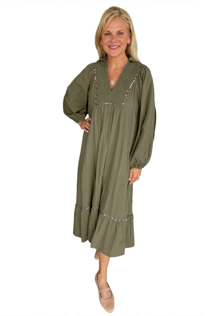 Black Collared V Neck Shirred Detail Contrast Leopard Trim Long Dress