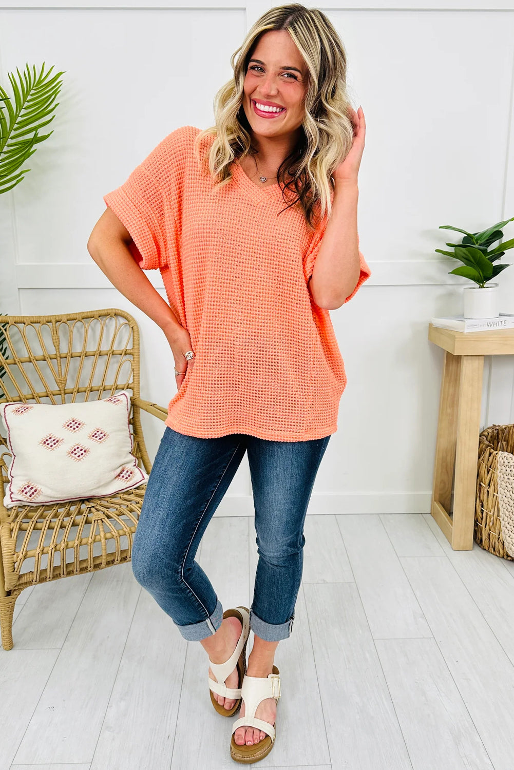 Clearly Aqua Waffle V Neck Short Sleeve Knit Top