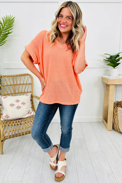 Clearly Aqua Waffle V Neck Short Sleeve Knit Top