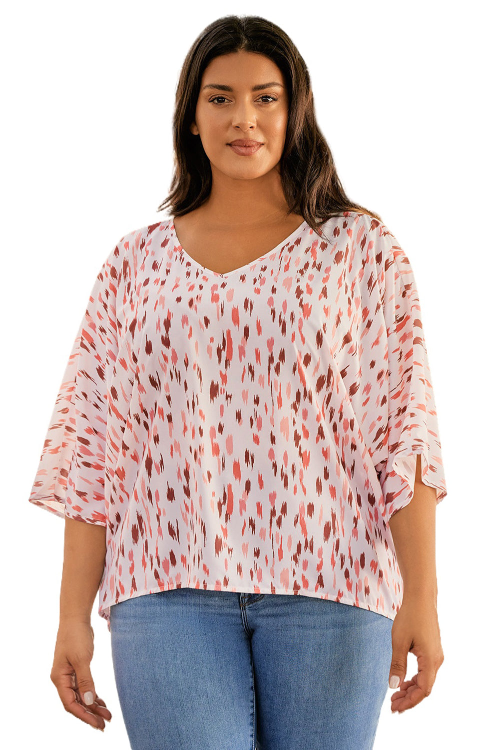 Pink Elegant Polka Dots 3/4 Dolman Sleeve Plus Size Blouse