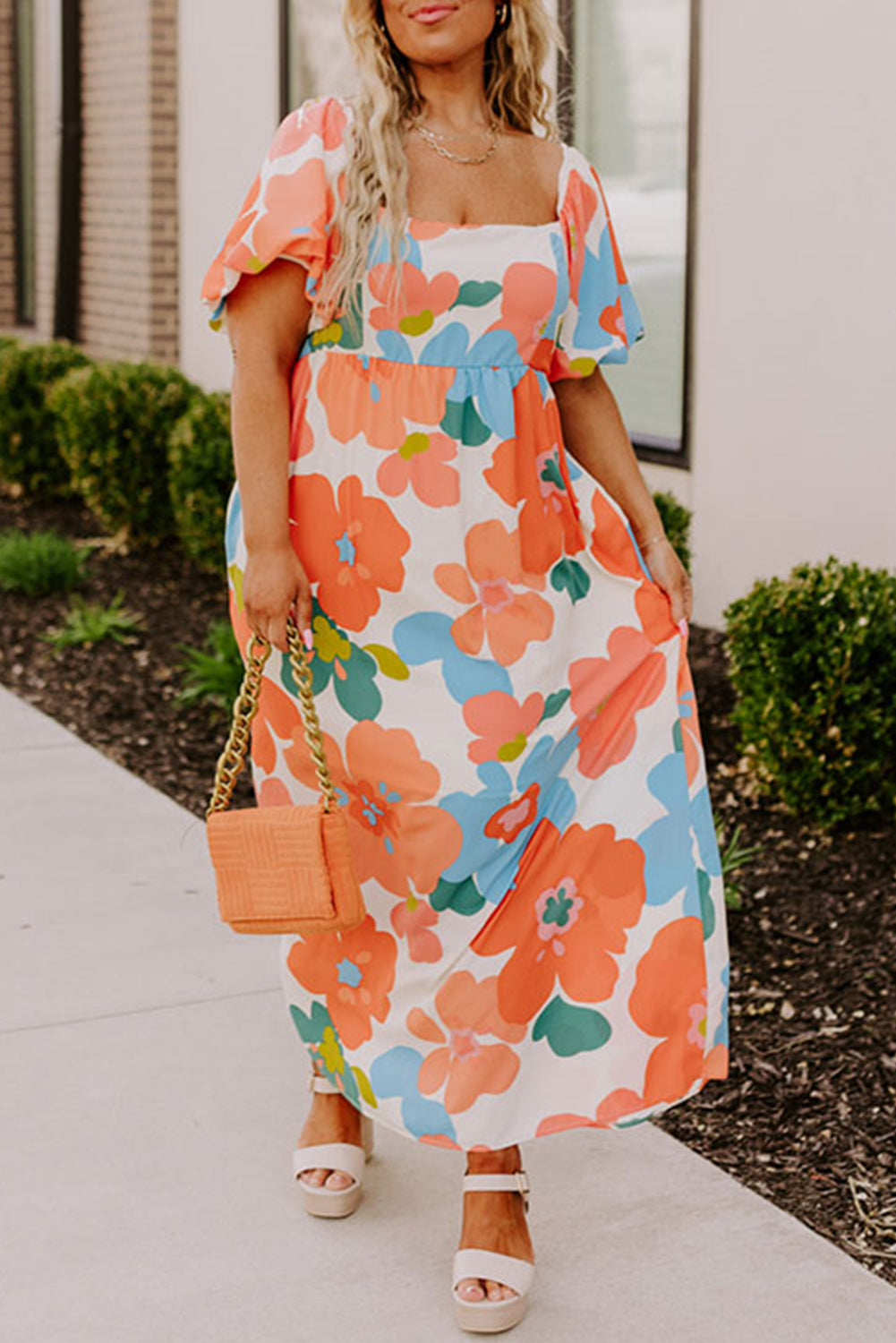 Orange Plus Size Floral Print Square Neck Maxi Dress