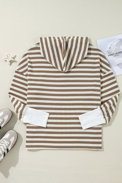 Brown Stripe Drop Sleeve Plus Size Henley Hoodie