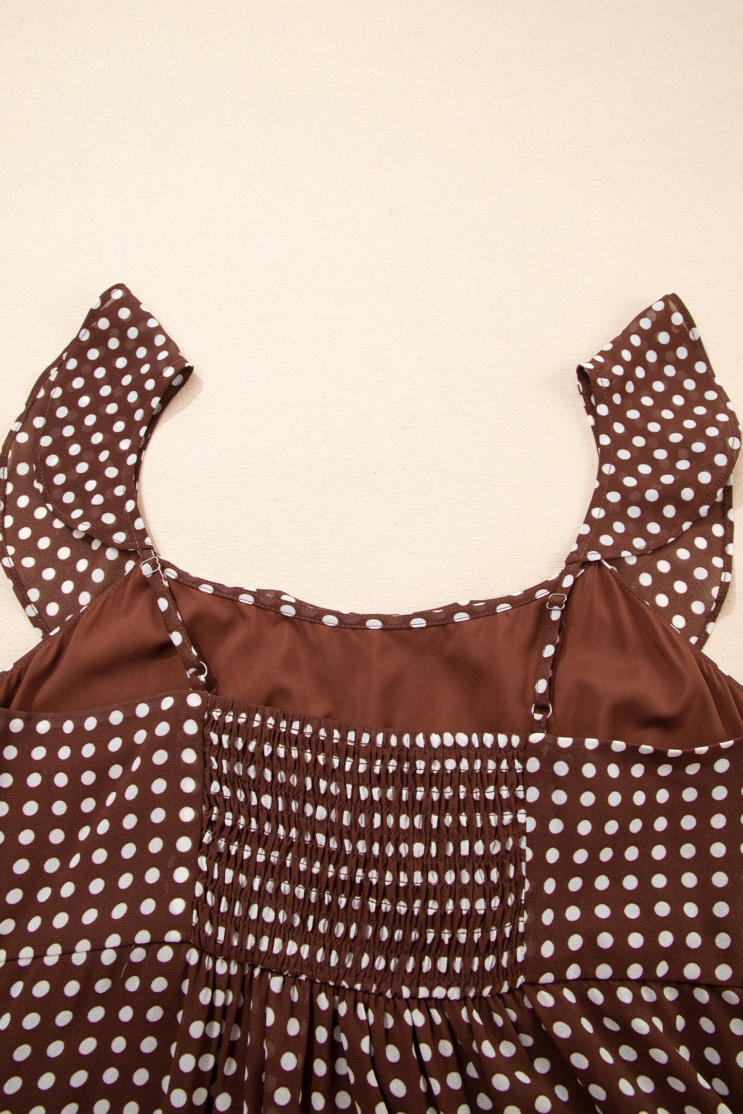 Coffee Polka Dot Print Backless Ruffled Tiered Maxi Dress