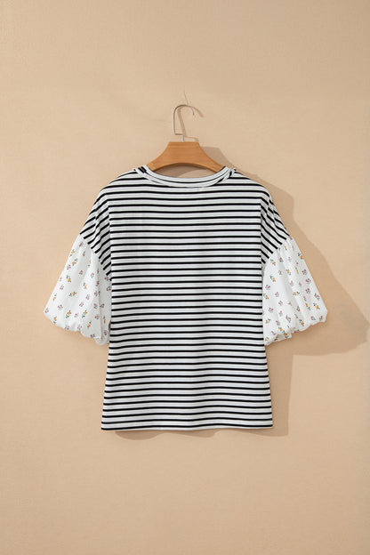 Green Stripe Floral Puff Sleeve Patchwork Round Neck Loose Top