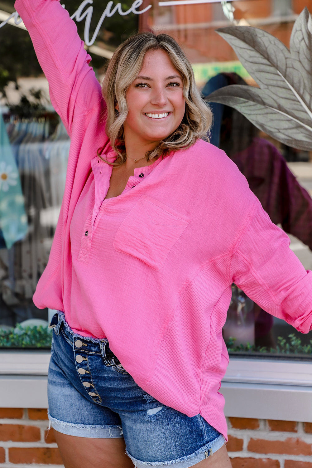 Bonbon Chest Pocket Crinkle Drop Sleeve Plus Size Henley Top