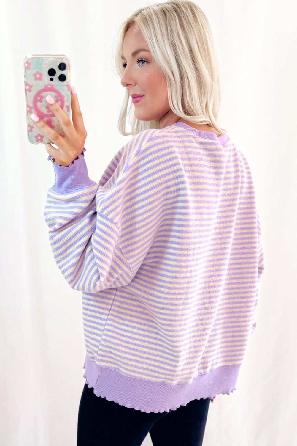 Black Stripe Drop Shoulder Long Sleeve Top