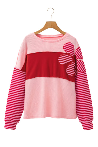 Pink Floral Colorblock Striped Sleeve Crinkle Waffle Patchwork Top