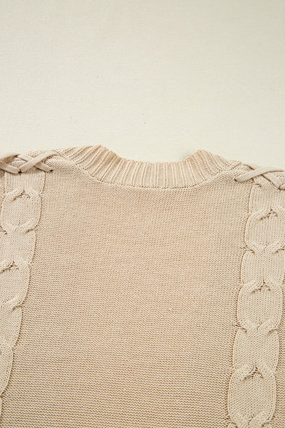 Parchment Cable Knit Braided Tie Sleeve Plus Size Knit Cardigan