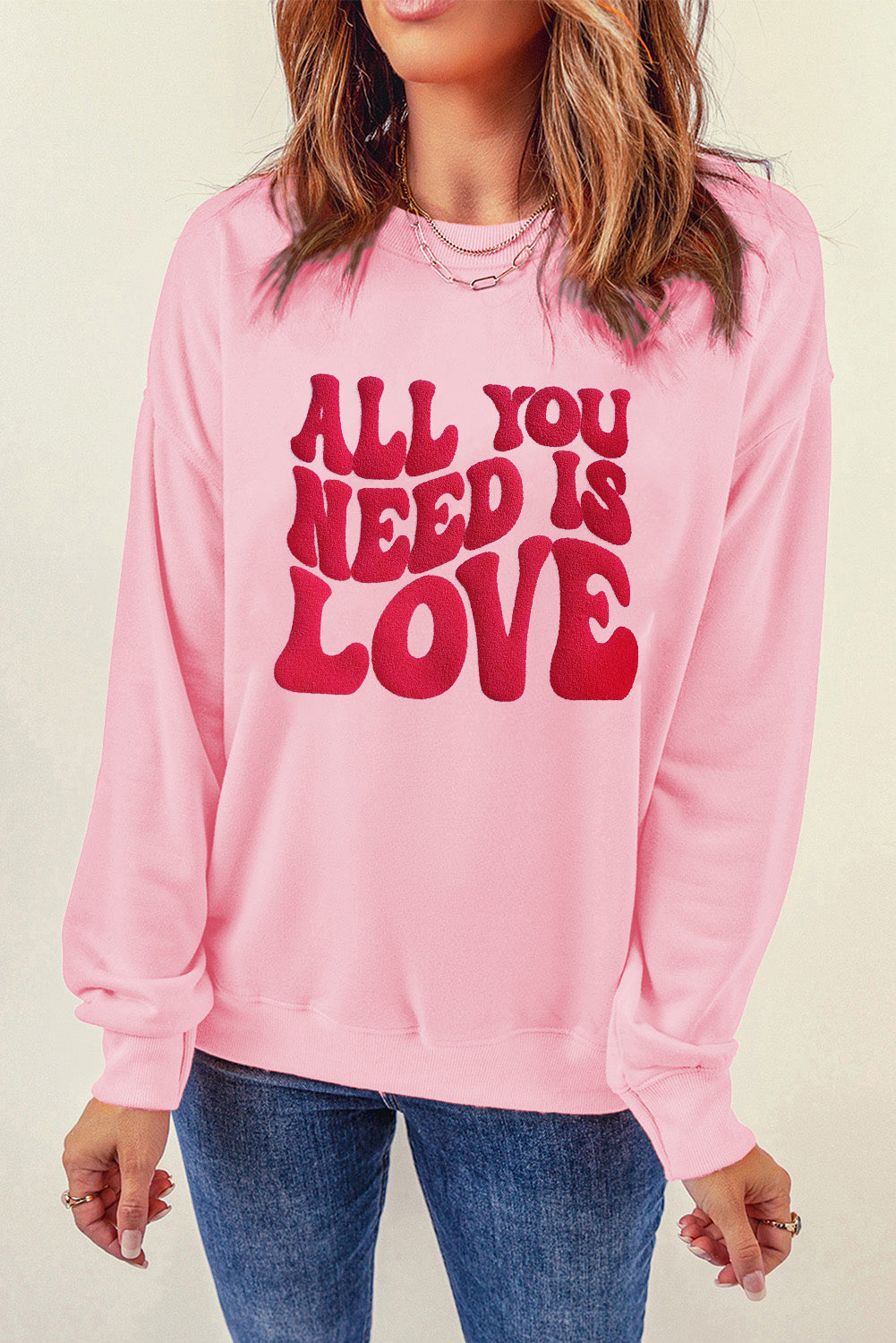 Pink ALL YOU NEED IS LOVE Valentines Slogan Printed Sweatshirt