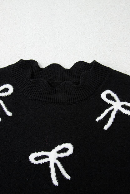 Black Bow Print Side Tie Scalloped Hem Knit Top