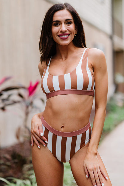 Brown Striped Colorblock Bikini Swimsuit