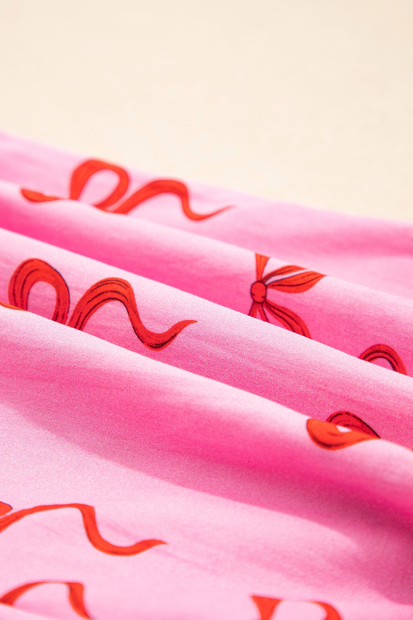 Pink Bow Print Striped Patchwork Elastic Waist Lace Trim Loose Shorts