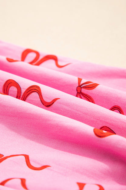 Pink Bow Print Striped Patchwork Elastic Waist Lace Trim Loose Shorts