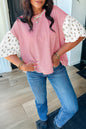 Red Stripe Floral Puff Sleeve Patchwork Round Neck Loose Top