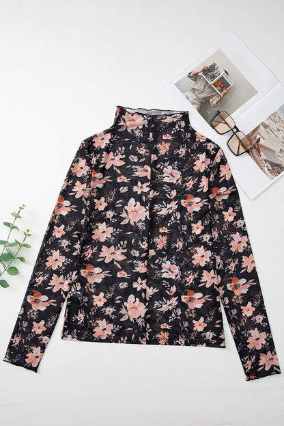 Black Floral Long Sleeve Slim Fit Mesh Top