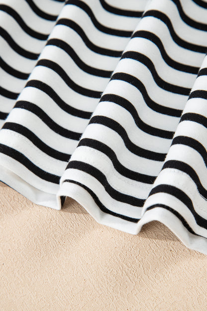 Green Stripe Floral Puff Sleeve Patchwork Round Neck Loose Top