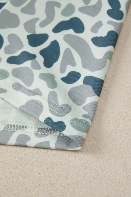 Gray Camouflage Print Single Chest Pocket V Neck Tee