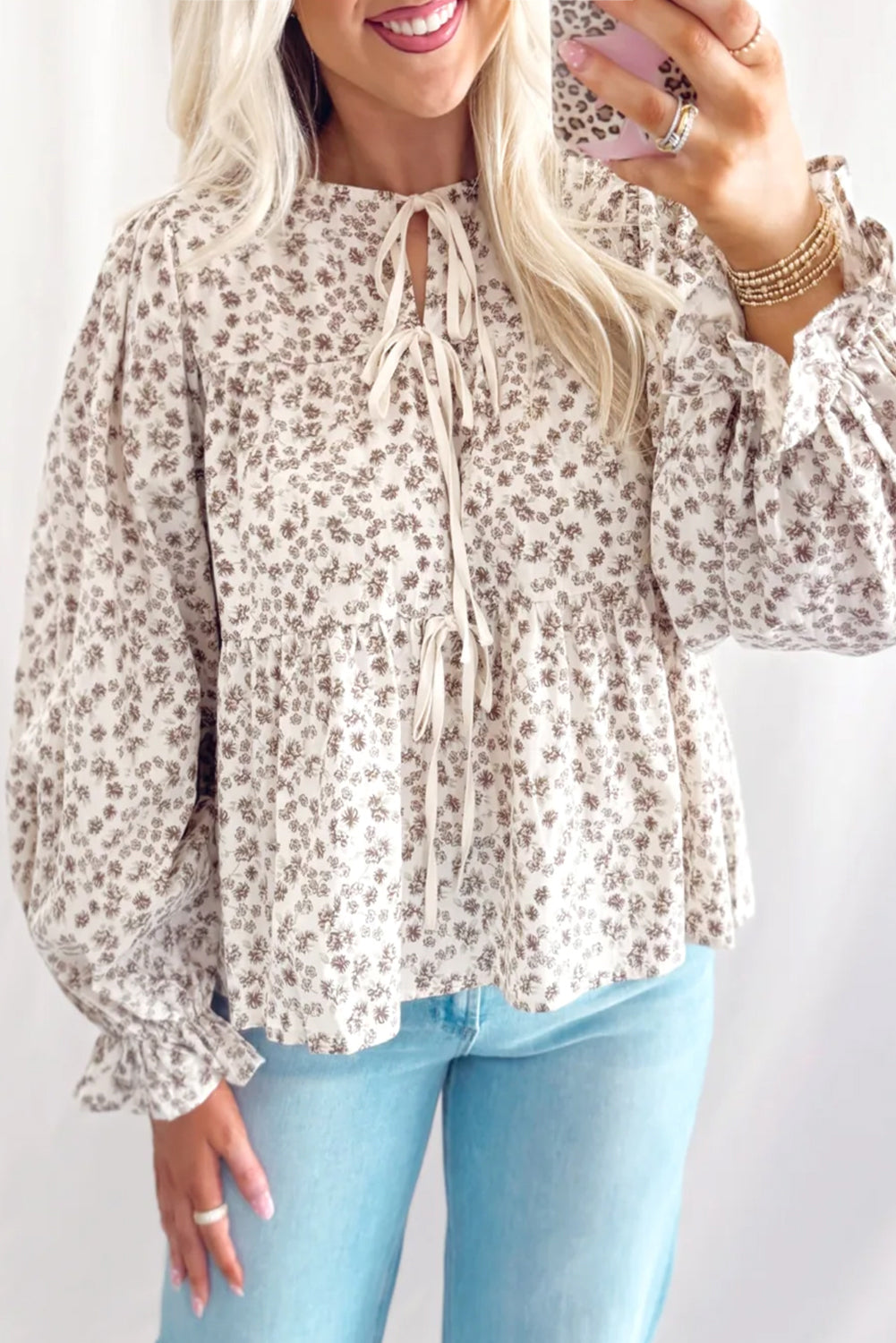 White Bow Tie Front Floral Print Flounce Sleeve Peplum Blouse