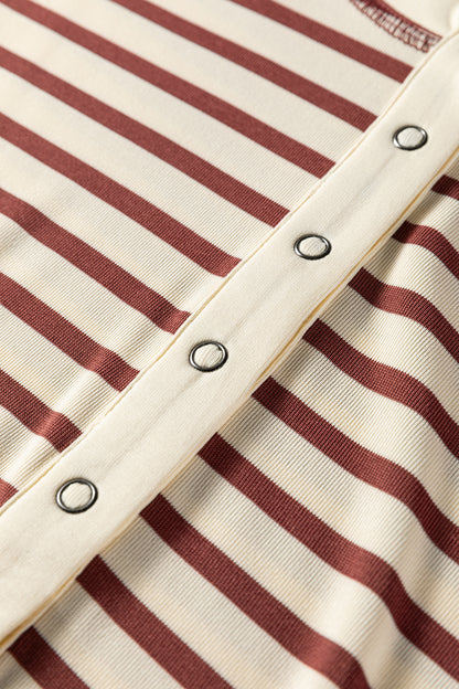 Khaki Stripe Half Buttons Round Neck T Shirt