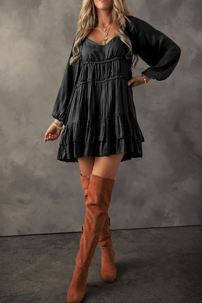 Black Puff Sleeve Loose Fit Tiered Ruffle Mini Dress