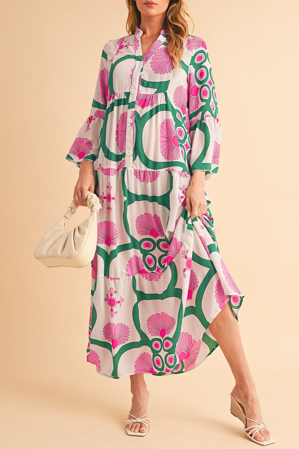 Pink Boho Abstract Button V Neck Oversized Maxi Dress