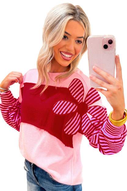 Pink Floral Colorblock Striped Sleeve Crinkle Waffle Patchwork Top