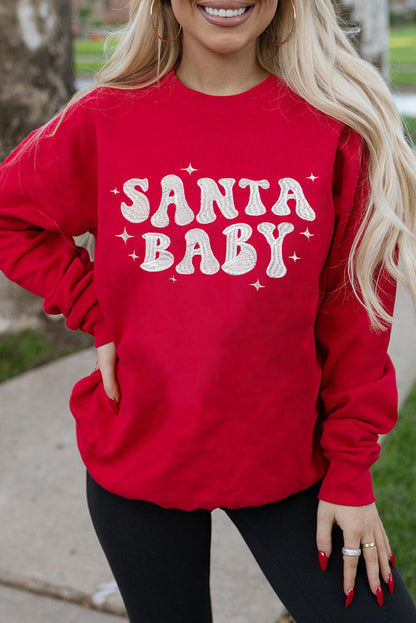 Red SANTA BABY Embroidered Crewneck Christmas Sweatshirt